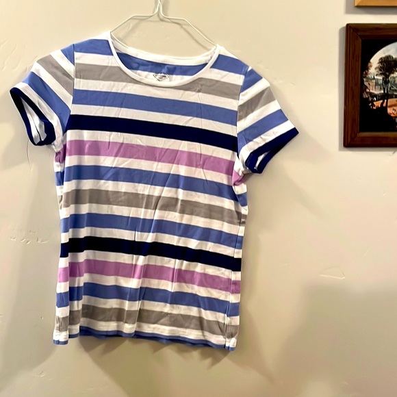 St. John's Bay Tops - Women’s Short Sleeved T-Shirt, Stripes, Pink, Blue, Gray, White, Size Medium